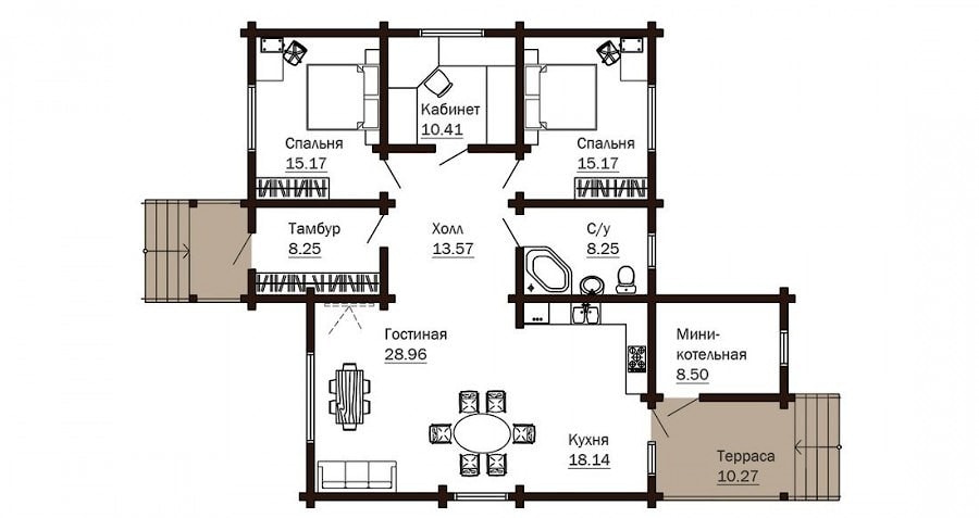 Grå trehus laget av laminert finertømmer med to soverom, prosjekt "Health"