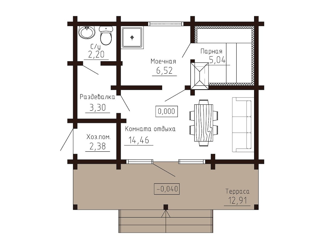 Grå trehus laget av laminert finertømmer med to soverom, prosjekt "Health"