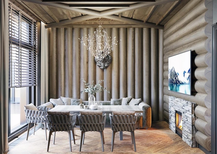 Casa de madera con elementos verticales de pared de troncos